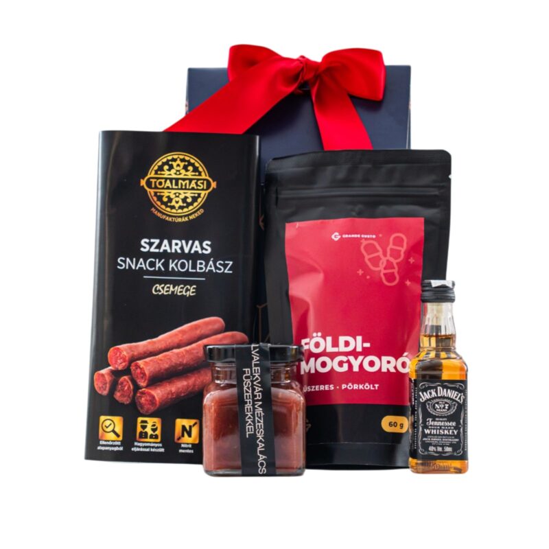 Barrel & Bites ajándékcsomag prémium díszdobozban – Jack Daniel's Whiskey, Tóalmási csemege szarvas snack kolbász, Kaldeneker Szilvalekvár mézeskalács fűszerekkel, Grande Gusto Fűszeres Sós Földimogyoró