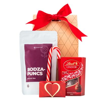 Berry Bloom ajándékcsomag prémium díszdobozban – Grande Gusto Bodzapuncs szálas tea, Lindt Lindor golyók díszdobozban