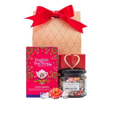 Berry Merry ajándékcsomag prémium díszdobozban – English Tea Shop Bio Szuperbogyós tea, Legjava Fehércsokoládés Eperlekvár