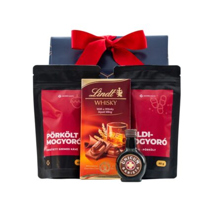 Bitter & Bean ajándékcsomag prémium díszdobozban – Unicum Barista, Grande Gusto Pörkölt Mogyorós szemes kávé