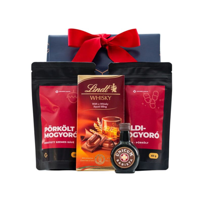 Bitter & Bean ajándékcsomag prémium díszdobozban – Unicum Barista, Grande Gusto Pörkölt Mogyorós szemes kávé, Lindt Whisky alkoholos töltött táblás csokoládé, Grande Gusto Fűszeres Sós Földimogyoró
