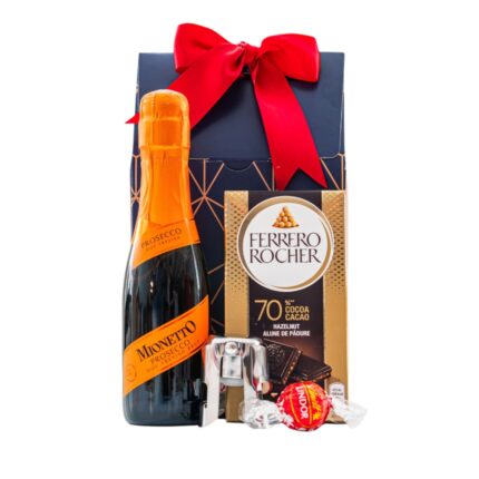 Blue Bubbles ajándékcsomag prémium díszdobozban – Mionetto Prosecco, Ferrero Rocher Premium táblás étcsokoládé