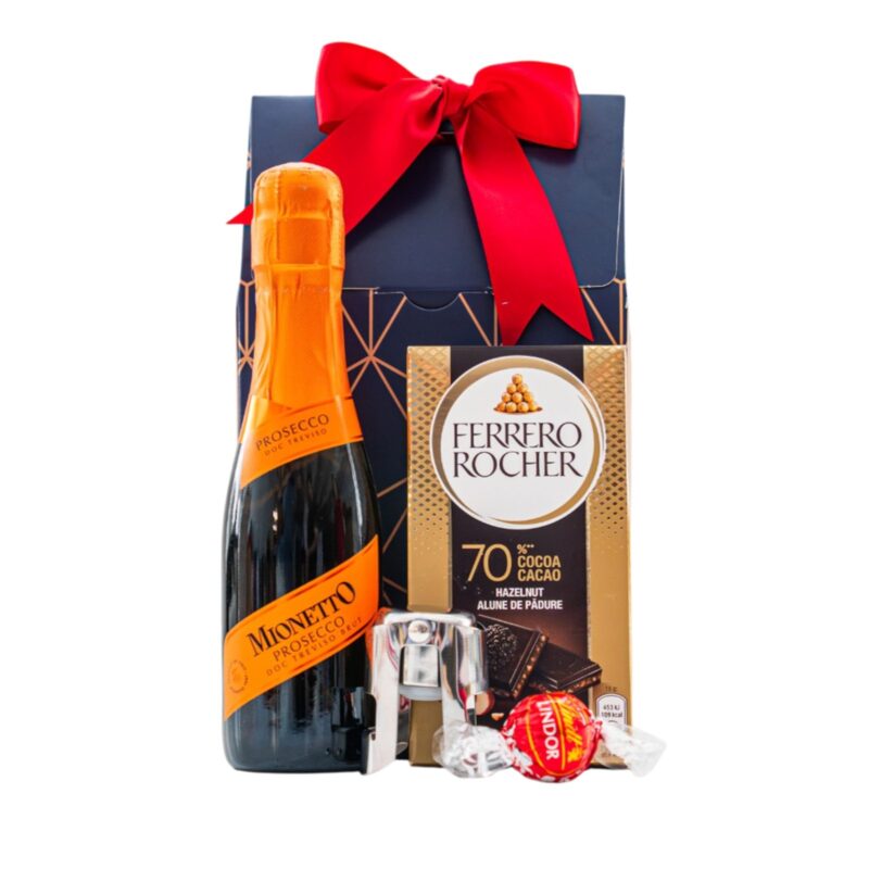 Blue Bubbles ajándékcsomag prémium díszdobozban – Mionetto Prosecco, Ferrero Rocher Premium táblás étcsokoládé, Lindt Lindor golyó, Puglia pezsgős dugó