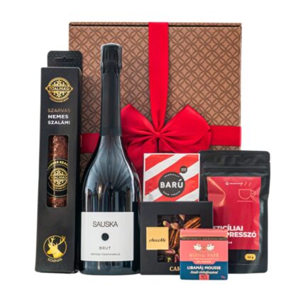 Brut Force ajándékcsomag prémium díszdobozban – Sauska Brut Pezsgő, Royal Paté Libamáj Mousse Aszalt Vörösáfonyával