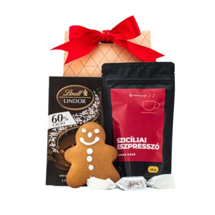 Espresso Hour ajándékcsomag prémium díszdobozban – Grande Gusto Szicíliai eszpresszó szemes kávé, Mézeskalács, Lindt Lindor