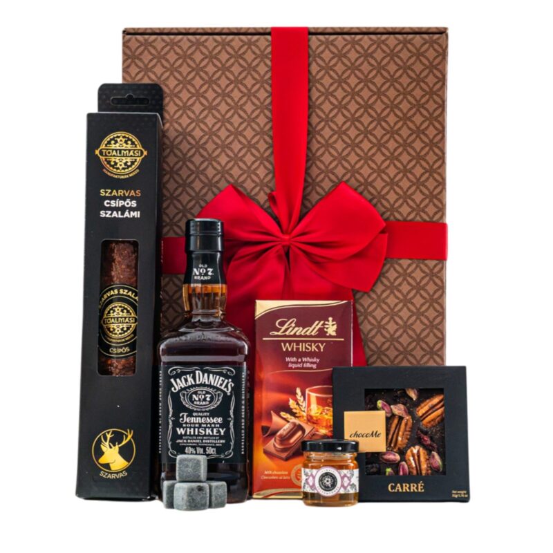 Gentleman Jack ajándékcsomag prémium díszdobozban – Jack Daniel's Whiskey, Islay kő jégkocka szett, Lindt Whisky alkoholos töltött táblás csokoládé, Tündérméhes kézműves, hazai akácfűméz, ChocoMe Carré étcsokoládé pekándióval, aszalt vörösáfonyával, pisztáciával, fahéjjal