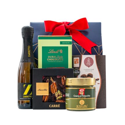 Green Gold ajándékcsomag prémium díszdobozban – Zardetto Prosecco DOC Brut, Lindt Dubai Style Chocolate táblás csokoládé