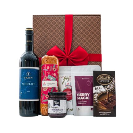 Merlot Moments ajándékcsomag prémium díszdobozban – Ikon Merlot, HEIT fűszeres szőlőlekvár, Lindt Lindor