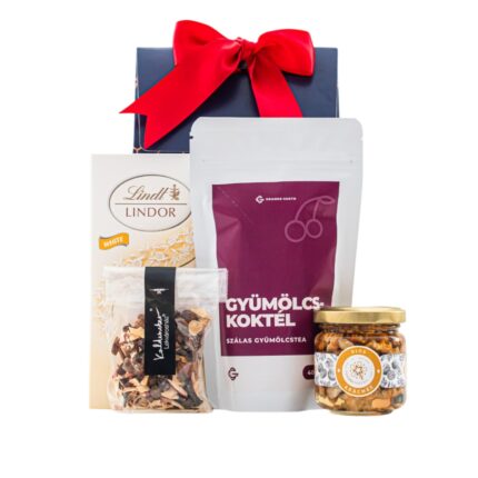 Merry Mix ajándékcsomag prémium díszdobozban – Lindt Lindor fehércsokoládé, Grande Gusto Gyümölcskoktél szálas tea