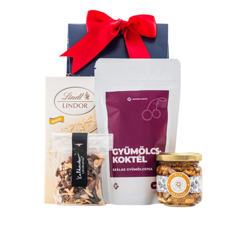 Merry Mix ajándékcsomag prémium díszdobozban – Lindt Lindor fehércsokoládé, Grande Gusto Gyümölcskoktél szálas tea, Tündérméhes kézműves, hazai diós akácméz, Kaldeneker Forralt bor fűszerkeverék