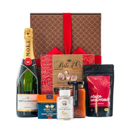 Prestige Table ajándékcsomag prémium díszdobozban – Moët & Chandon Pezsgő, Royal Paté Prémium Egész Libamáj Szarvasgombával
