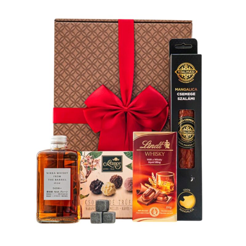 Rare Barrel ajándékcsomag prémium díszdobozban – Nikka from the Barrel, Islay kő jégkocka szett, Lindt Whisky alkoholos töltött táblás csokoládé