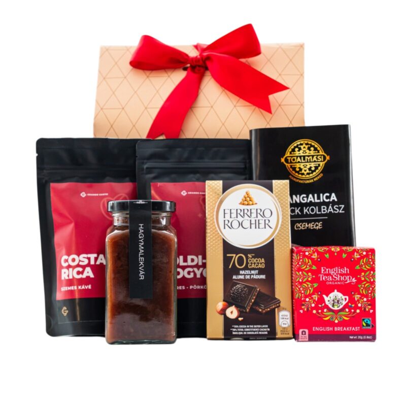 Salt & Smoke ajándékcsomag prémium díszdobozban – Tóalmási csemege mangalica snack kolbász, Kaldeneker Hagymalekvár, Grande Gusto Fűszeres Sós Földimogyoró, Grande Gusto Costa Rica szemes kávé, Ferrero Rocher Premium táblás étcsokoládé, English Tea Shop Bio English Breakfast fekete tea