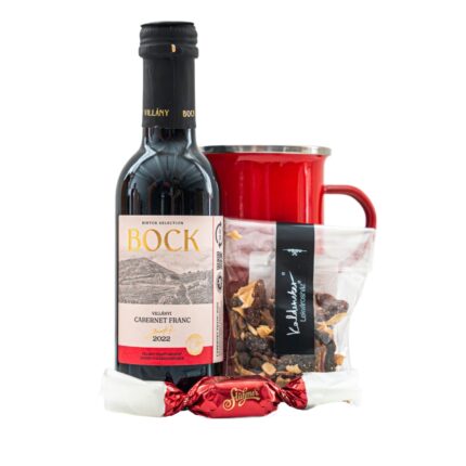 Warm Spirits ajándékcsomag átlátszó celofánban – Zománcozott bögre, Bock Cabernet Franc Villányi vörösbor