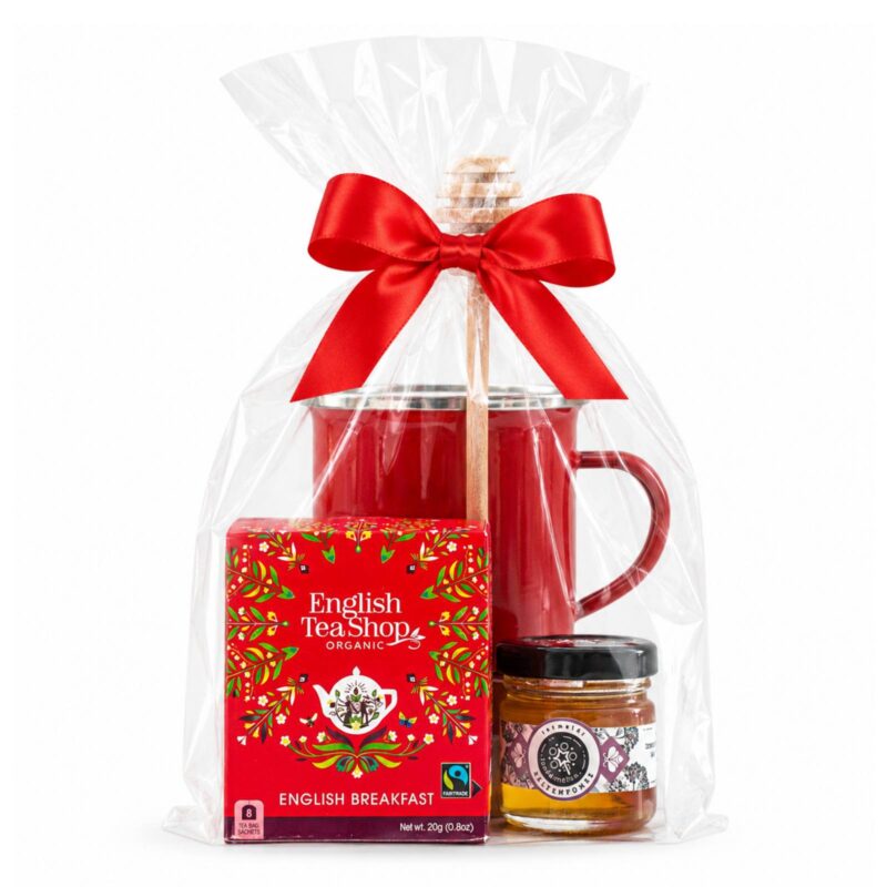 Honey Hour ajándékcsomag átlátszó celofánban – Zománcozott bögre, Tündérméhes kézműves, hazai akácfűméz, Fa mézcsurgató, English Tea Shop Bio English Breakfast fekete tea