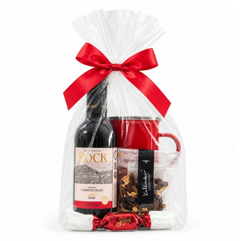 Warm Spirits ajándékcsomag átlátszó celofánban – Zománcozott bögre, Bock Cabernet Franc Villányi vörösbor, Kaldeneker Forralt bor fűszerkeverék, Stühmer szaloncukor